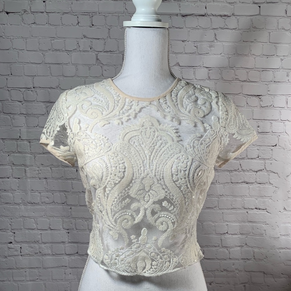 Sheer Lace Stitched, Matte Sequin Top SM